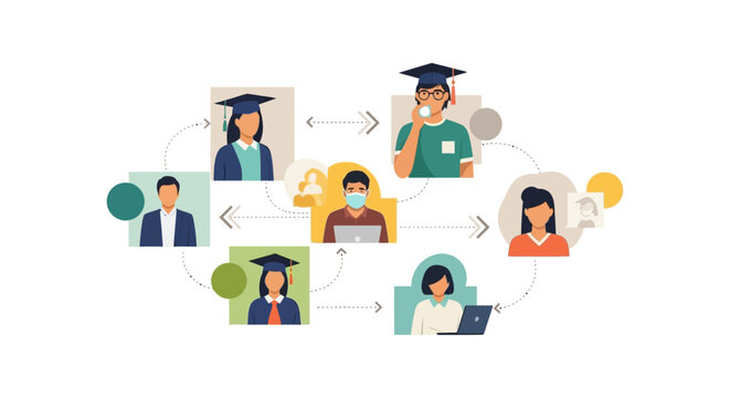 Educational Pathway and Career Network Flow Chart. Modern illustration of students, alumni, and professionals connected in a social or academic ecosystem.