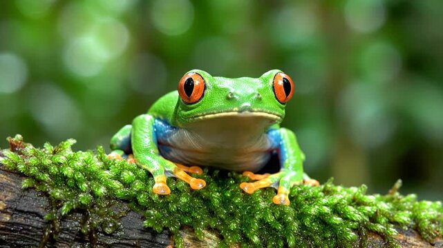A vibrant green frog with orange eyes.