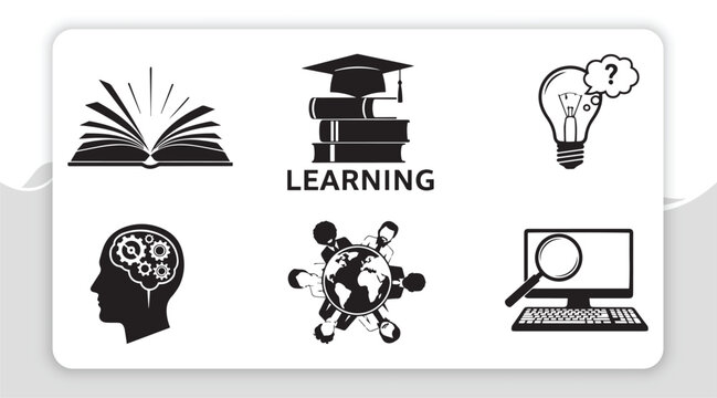 Collection of diverse black and white silhouette icons illustrating the multifaceted journey of learning, knowledge acquisition, research, and global interconnectedness in education and intellect
