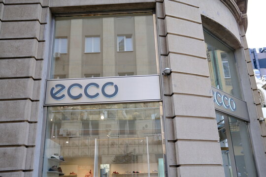 Belgrade, Serbia &ndash; March 21, 2026 &ndash; ECCO footwear store sign on shopping district building