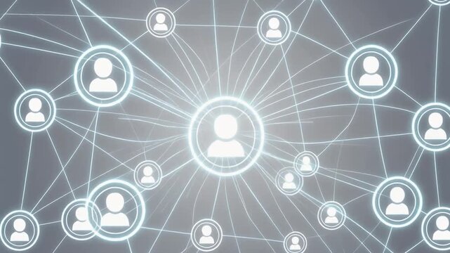 Central figure connected to many people in a network on a gray background, symbolizing leadership and communication