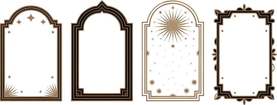 Ornate metal wrought iron gates and a matching fence stand before a vintage golden antique picture frame and an old wooden border as a blank art decoration against a wall