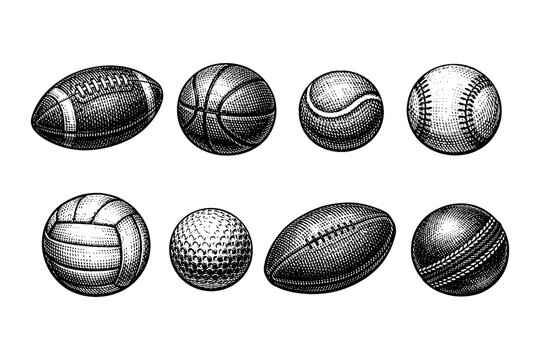 Collection of vintage sports balls in a detailed engraving style, perfect for design