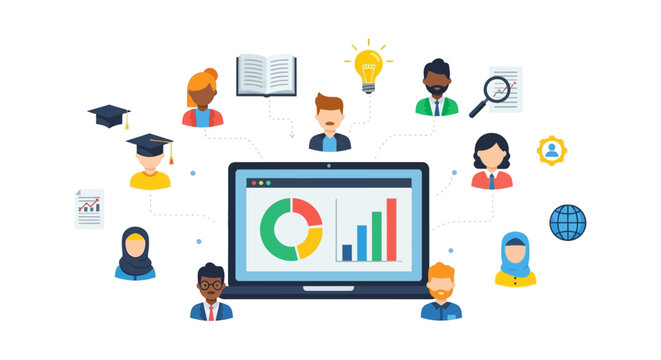 Global E-Learning and Data Analysis Platform: Diverse people connected to centralized online education, business data, and knowledge sharing hub.