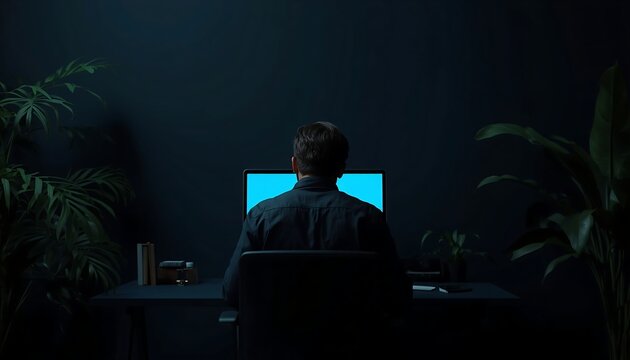 A man from behind sits at a dark desk, intently focused on a single glowing blue computer monitor.