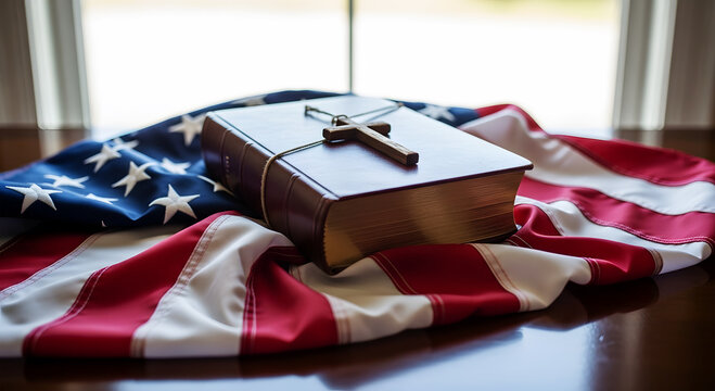 American flag with closed bible and wooden cross on table christianity