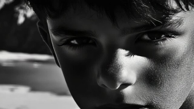 Young male with serious face looking directly at the camera. Shadow and light play on his features creating a dramatic effect.