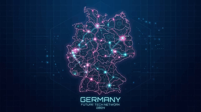 A futuristic neon map of Germany with glowing pink and blue nodes on a dark blue background, representing digital transformation.