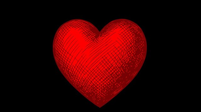 2D red heart animation with hand drawn style and cross hatching engraving on transparent background with alpha channel for video editing and UI design