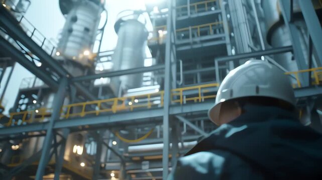 Engineer and worker inspecting industrial pipeline at upstream oil and gas facility overseeing production operations