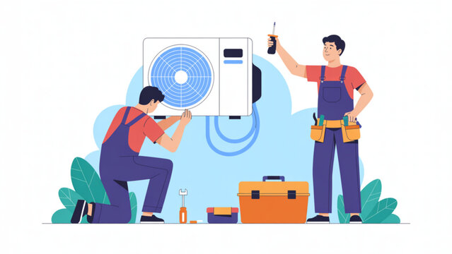 Professional HVAC technicians in overalls repairing outdoor air conditioning unit with tool box illustration.
