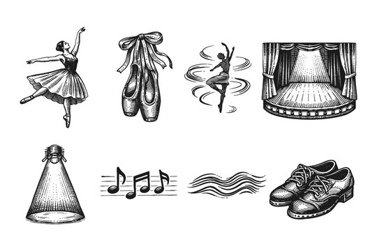 Collection of ballet and performance elements in vintage engraving style