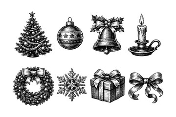 Naklejka premium Vintage Christmas Ornaments and Decorations Collection in Engraving Style