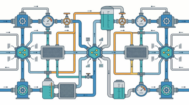 Industrial pipeline system with valves and machinery.