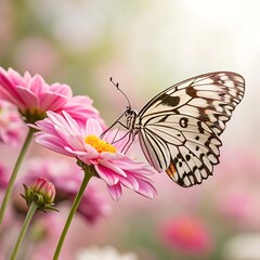 Obraz premium Beautiful butterfly sipping nectar from pink flowers in a garden