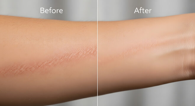 Closeup of a person's arm with a noticeable scar before and after using a skincare product to reduce its appearance effectively