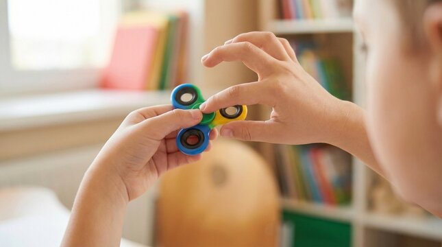 Child hands spinning fidget spinner sensory toy autism ADHD classroom