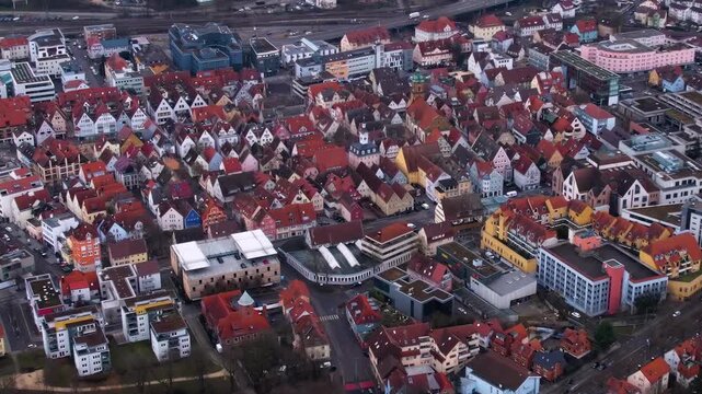 Aerial view of the old town city Aalen in south Germany . On a cloudy day in autumn. 