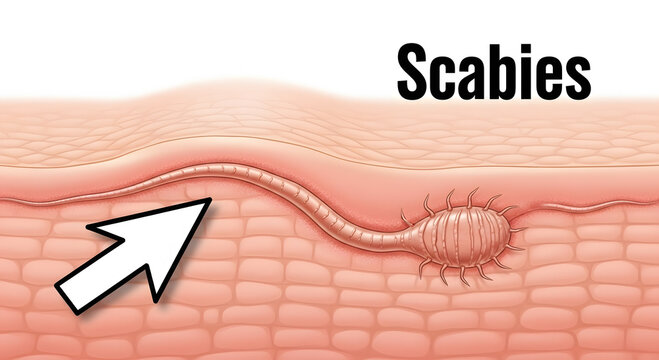 Scabies mite burrowing under human skin causing skin infection disease