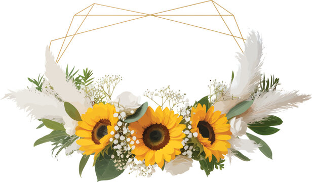 Simple sunflower flower wreath frame with bright yellow floral design and natural summer style