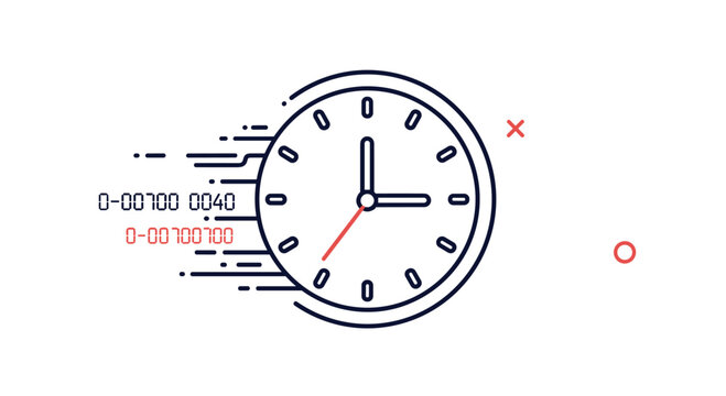 Fast-moving wall clock icon with speed lines and digital time codes symbolizing urgency and rapid time progression in business.