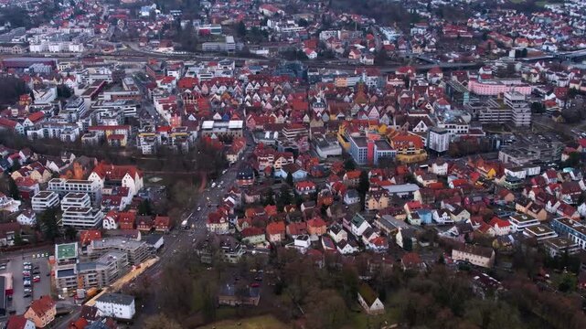 Aerial view of the old town city Aalen in south Germany . On a cloudy day in autumn. 