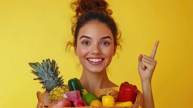 Smiling woman holding fruit and vegetables, suggesting a healthy and balanced diet with emphasis on nutritious and colorful choices.