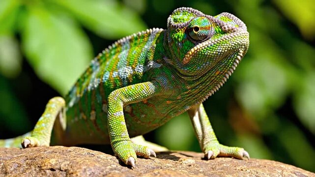 A vibrant green chameleon on a rock.