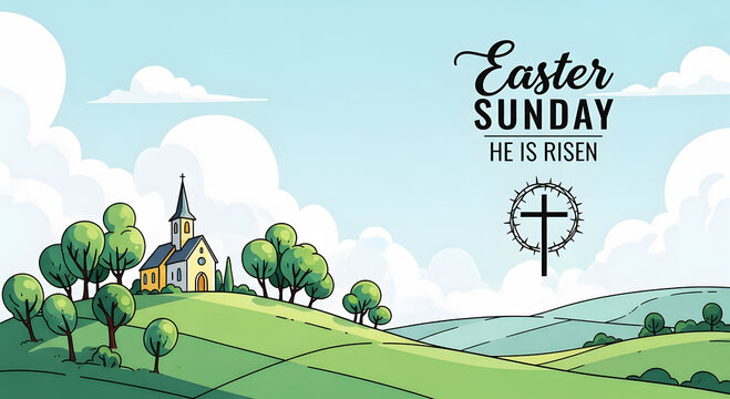 Stylized church on green rolling hills with Easter Sunday text and cross risen