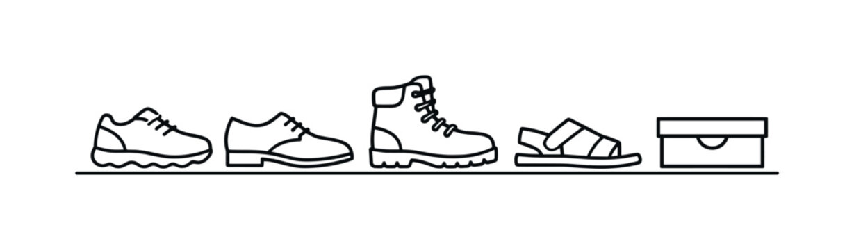 Retail footwear products and shoe store assortment presenting different styles designed for comfort, practicality, and modern everyday fashion needs, a sports sneaker, a formal