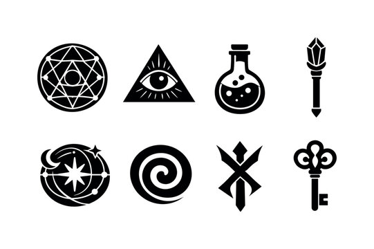 Esoteric magic symbols: sacred geometry circle, all seeing eye triangle, alchemy flask potion, magic staff crystal, celestial star chart, mystic spiral symbol, arcane rune mark