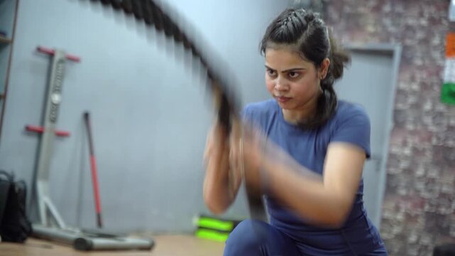 Indian Woman Performing Battle Ropes Exercise for Strength and Conditioning Workout in Gym