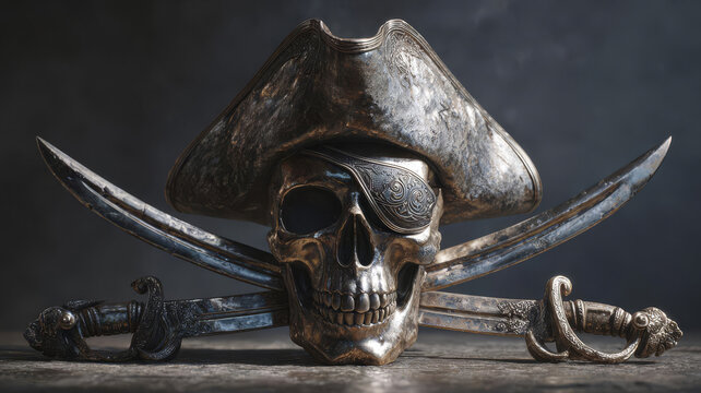 Photorealistic Pirate Skull and Crossed Swords Emblem - Metallic Jolly Roger Concept