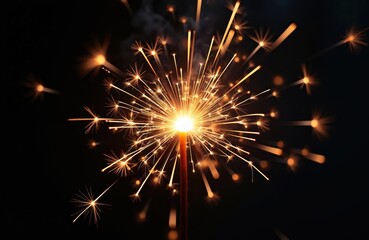 Fototapeta premium Sparkler burns brightly emitting many sparks against dark background. Celebrate holidays or parties with this festive firework effect. Light texture for design.