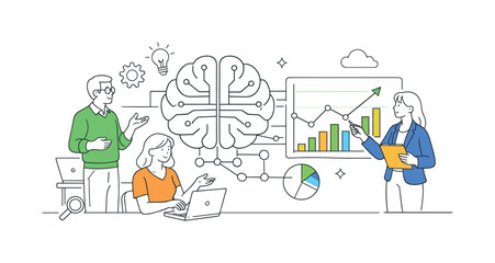 Naklejka premium Generative AI analytics strategy scene where a small group of professionals collaborates around a large artificial intelligence brain icon connected to a simple analytics chart