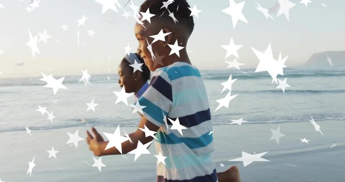 Siblings handholding, running shore, playing for ad, camera tracking, star overlay masking faces