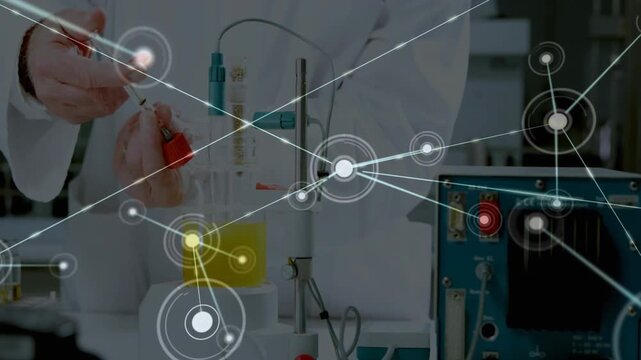 Lab tech hands opening vial, adding drops to beaker, using device, network expanding, logging