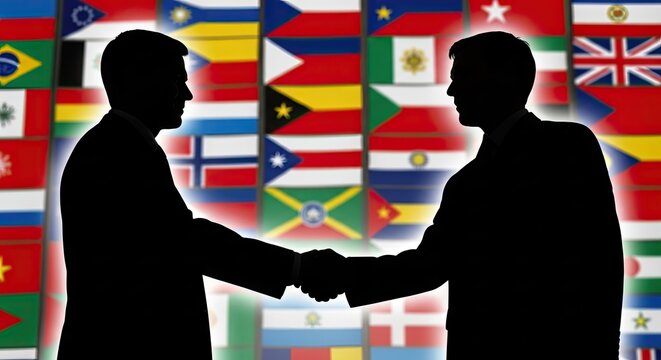 Silhouetted figures shaking hands with world flags in background