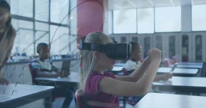 Girl student with VR headset raising, cupping as HUD overlays aligning with gestures to lesson cues