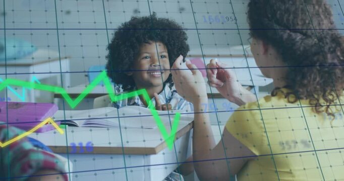 Teacher raising pink toy cues child practicing counting in classroom as line graphs floating above