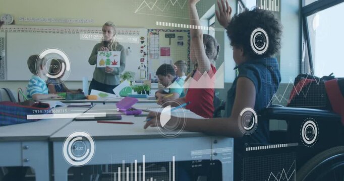 Teacher showing leaf poster and guiding craft class drawing and raising hands AR overlaying scene