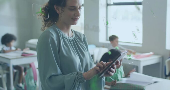 Teacher tapping tablet and guiding students in classroom, animated green icons highlighting lessons