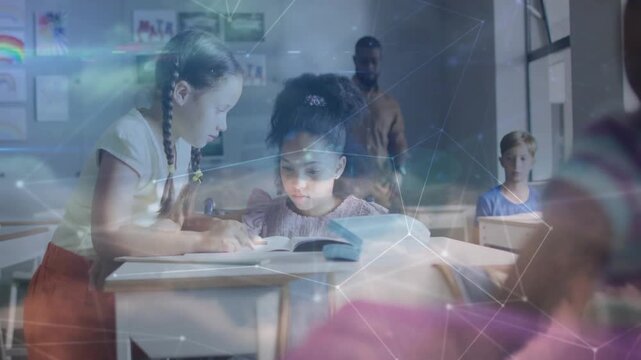 Standing girl pointing workbook, guiding seated classmate to finish school task, overlay drifting