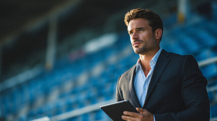 Fototapeta premium Male team manager standing at the edge of a stadium field, monitoring the game. Blue seats in the background, coach observing players during match.