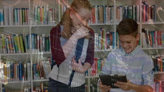 Girl leaning and pointing at tablet, boy tapping while map overlay illuminating library learning