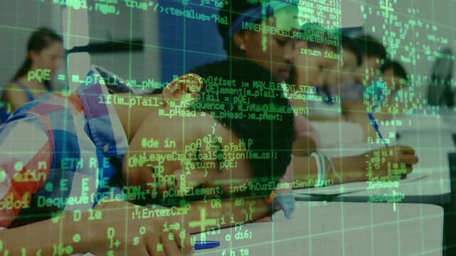 Vertical video: Boy in plaid falling asleep on desk with pen after long exam, code overlay shifting