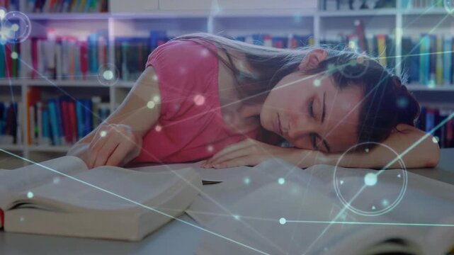 Vertical video: Teen long study in library writing fading network over books and arm pencil resting