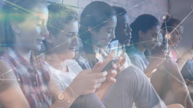 Vertical video: Tapping six peers by block wall with phones, overlay growing and linking devices