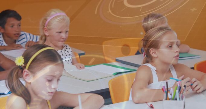 Students writing in classroom, following teacher as circular overlay highlighting notebooks