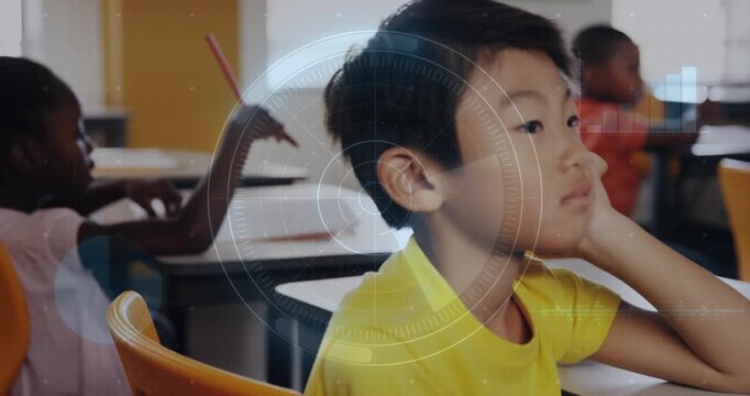 Left child raising pencil causing pan while boy in yellow lifting gaze, engaging lesson under HUD